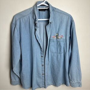 Vintage 100% Cotton Embroidered Shirt Women's Size 2XL Floral Chambray Denim